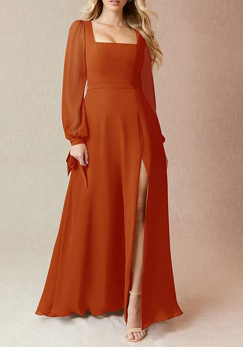 Dark Orange Flowy Long Sleeve Chiffon Gown