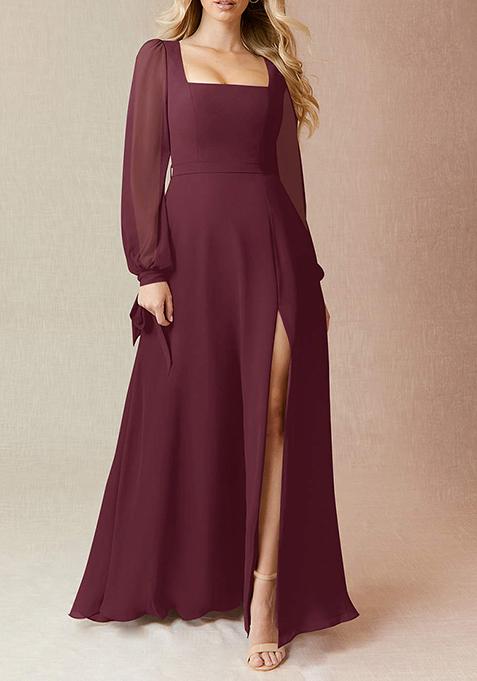 Purple Flowy Long Sleeve Chiffon Gown