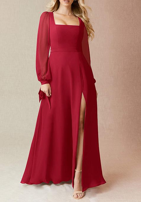 Bright Red Flowy Long Sleeve Chiffon Gown