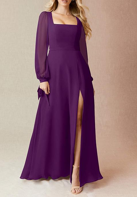 Purple Flowy Long Sleeve Chiffon Gown