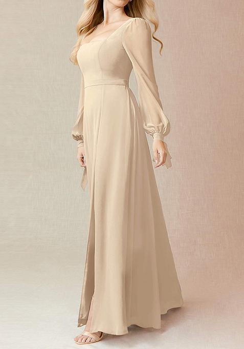 Cream Flowy Long Sleeve Chiffon Gown