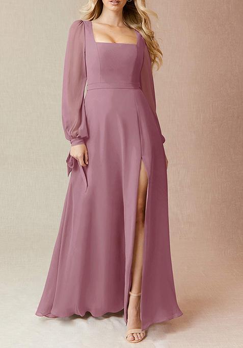 Vintage Mauve Flowy Long Sleeve Chiffon Gown