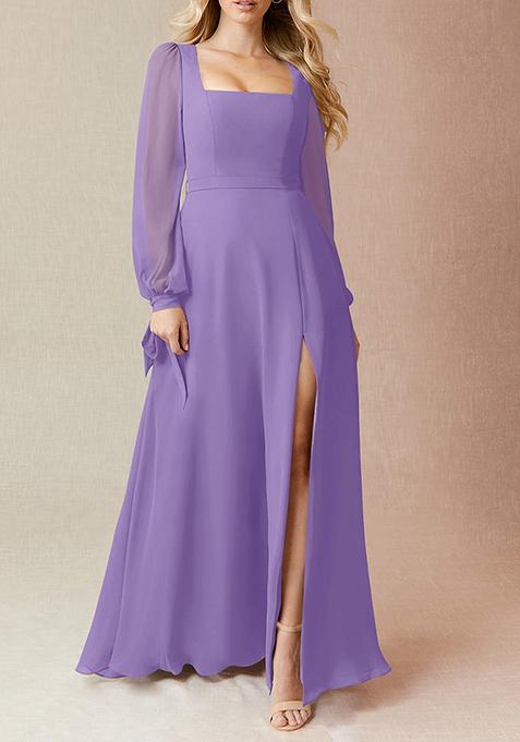 Lavender Flowy Long Sleeve Chiffon Gown