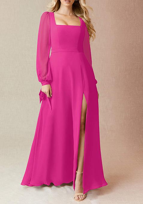 Fuchsia Flowy Long Sleeve Chiffon Gown