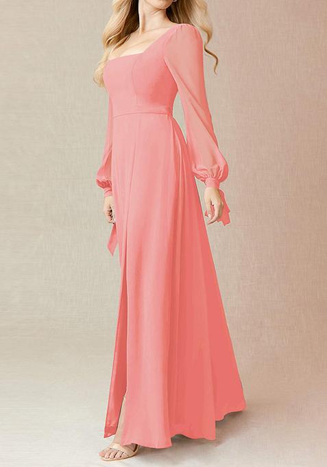 Coral Flowy Long Sleeve Chiffon Gown