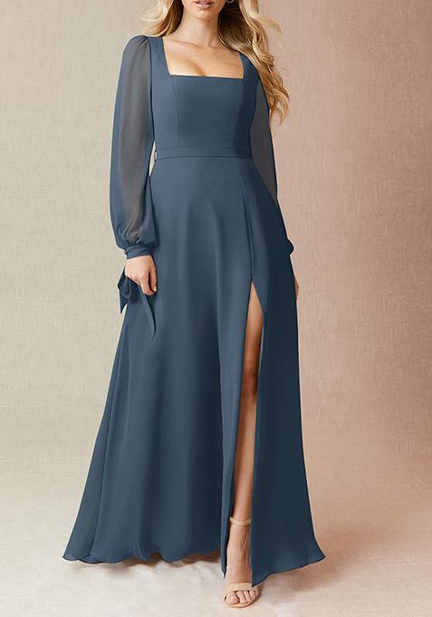 Blue Flowy Long Sleeve Chiffon Gown