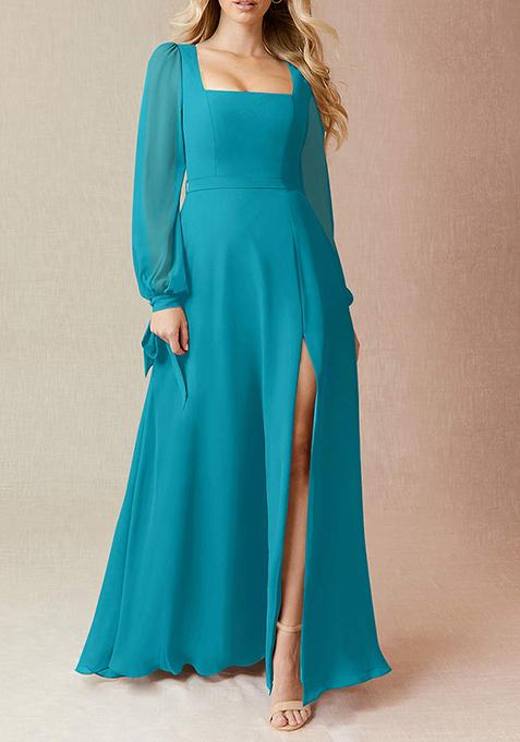 Blue Flowy Long Sleeve Chiffon Gown