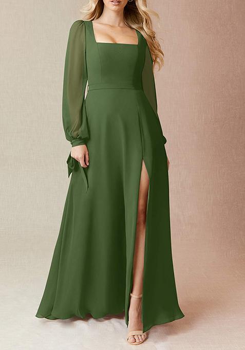 Olive Flowy Long Sleeve Chiffon Gown