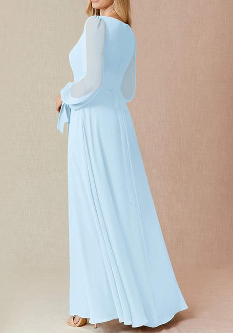 Sky Blue Flowy Long Sleeve Chiffon Gown