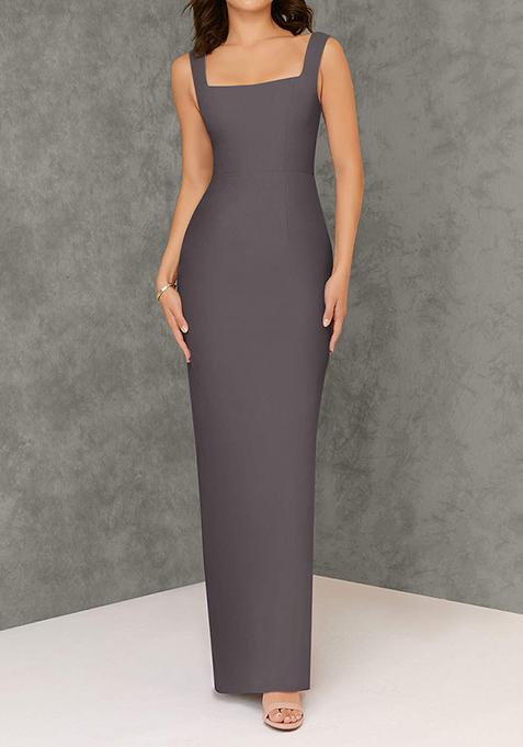 Steel Grey Fitted Square Neck Chiffon Gown