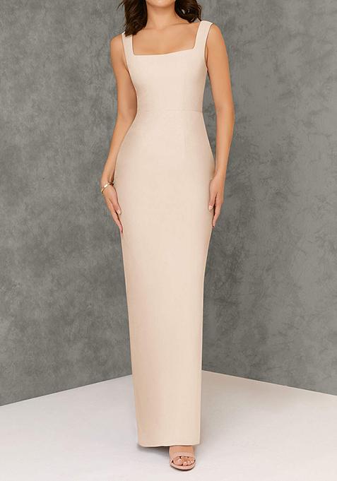 White Alabaster Fitted Square Neck Chiffon Gown