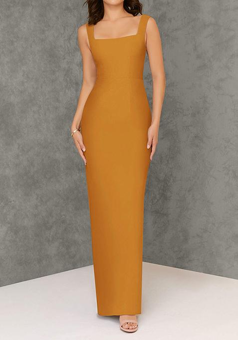 Mustard Fitted Square Neck Chiffon Gown