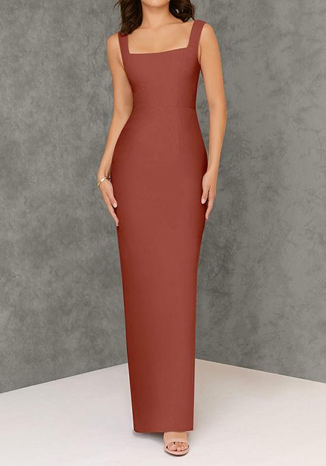 Brown Fitted Square Neck Chiffon Gown