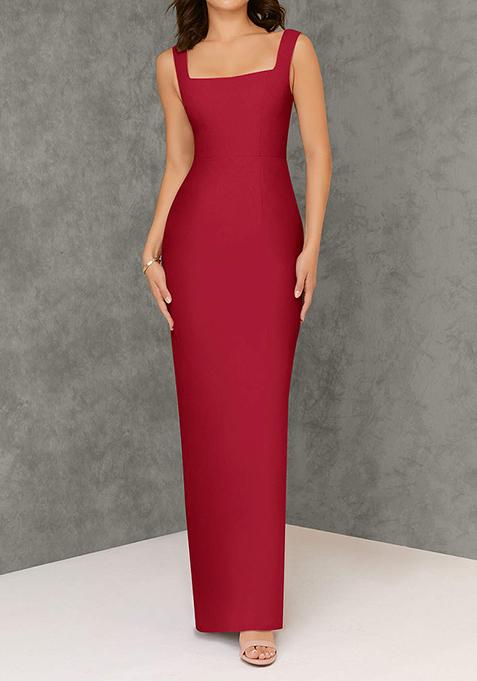 Bright Red Fitted Square Neck Chiffon Gown