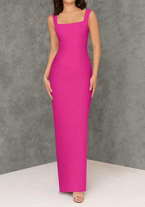 Fuchsia Fitted Square Neck Chiffon Gown