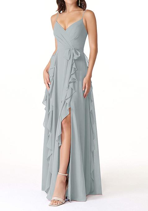 Dolphin Grey Flowy Ruched Chiffon Gown