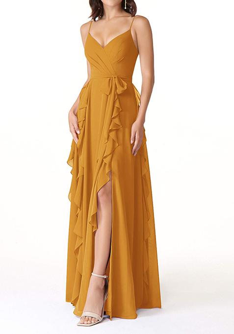 Mustard Flowy Ruched Chiffon Gown