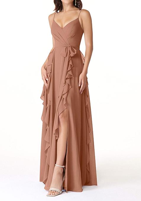 Beige Flowy Ruched Chiffon Gown