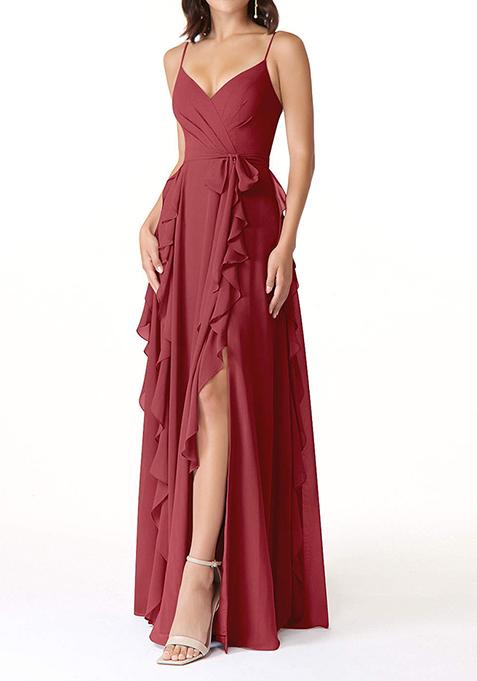 Red Flowy Ruched Chiffon Gown