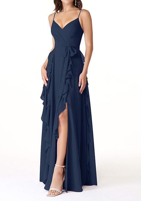 Dark Navy Flowy Ruched Chiffon Gown