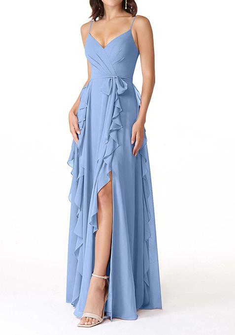 Steel Blue Flowy Ruched Chiffon Gown