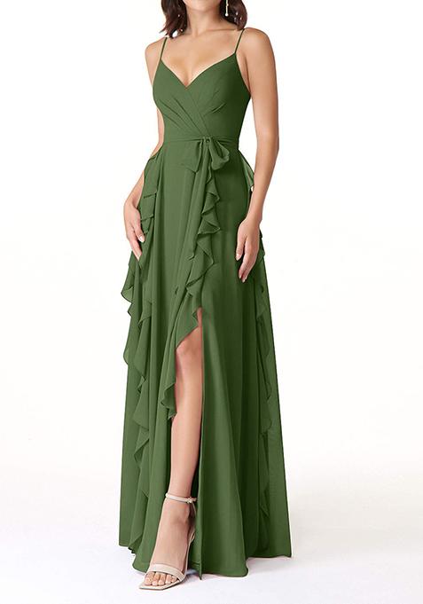 Olive Flowy Ruched Chiffon Gown