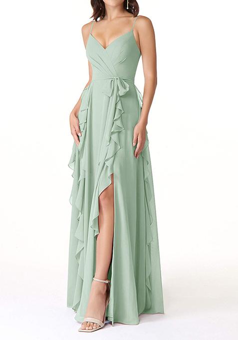 Green Flowy Ruched Chiffon Gown