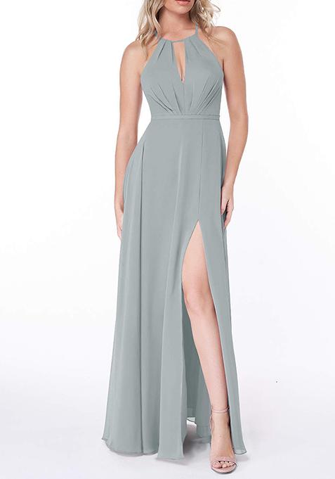 Dolphin Grey Flowy Pleated Chiffon Gown