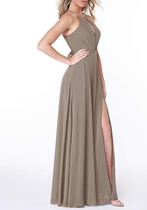 Grey Flowy Pleated Chiffon Gown