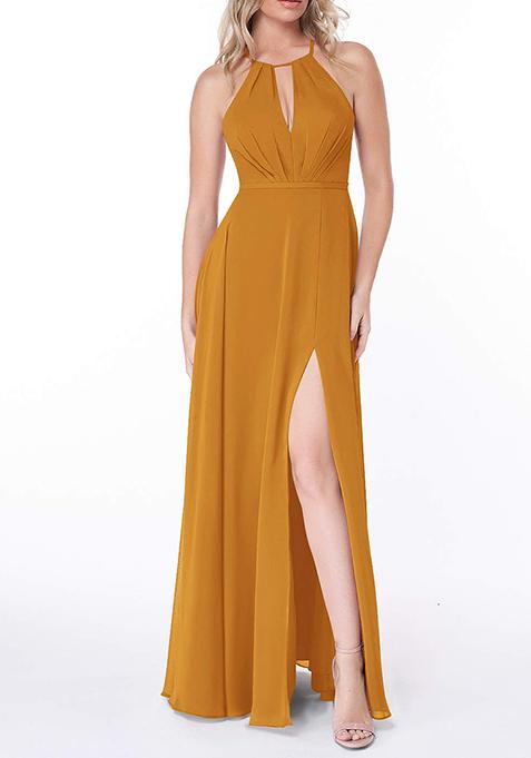 Mustard Flowy Pleated Chiffon Gown