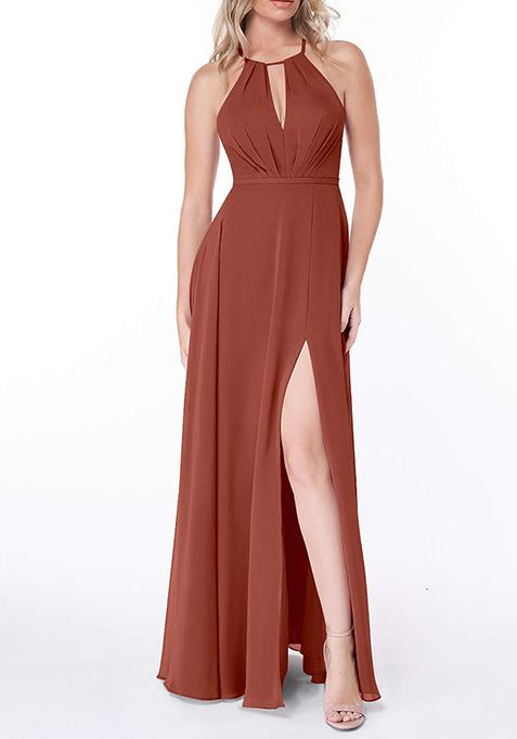 Brown Flowy Pleated Chiffon Gown