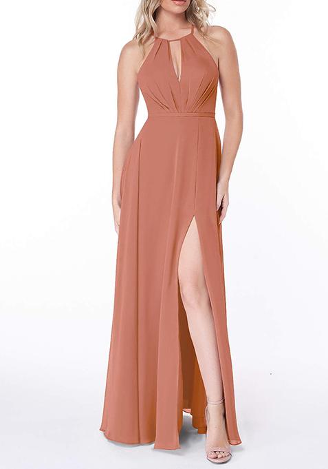 Light Brown Flowy Pleated Chiffon Gown