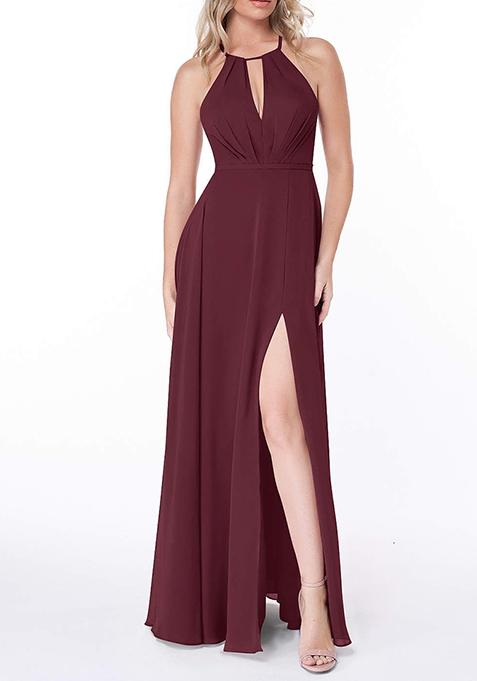 Purple Flowy Pleated Chiffon Gown