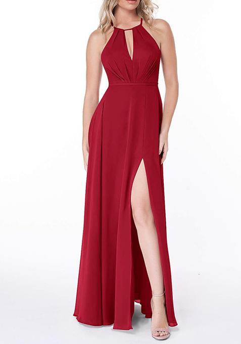 Bright Red Flowy Pleated Chiffon Gown