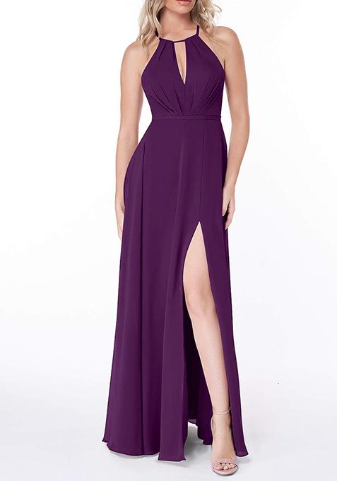 Purple Flowy Pleated Chiffon Gown