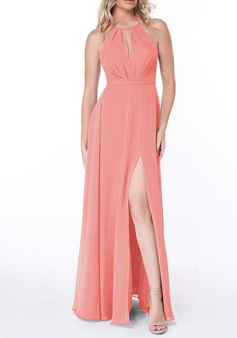 Coral Flowy Pleated Chiffon Gown