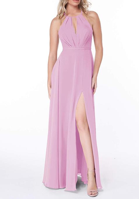 Candy Pink Flowy Pleated Chiffon Gown