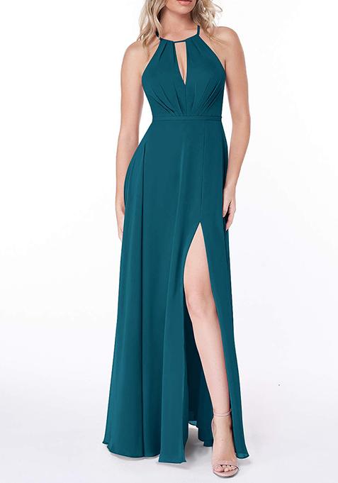 Ink Blue Flowy Pleated Chiffon Gown