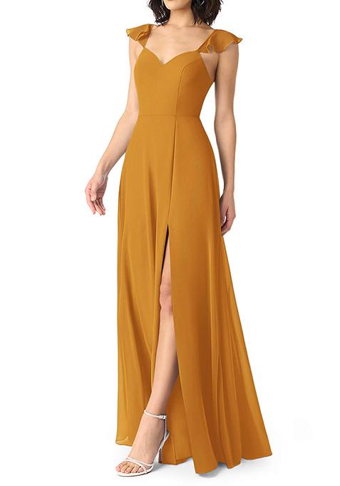 Mustard A-Line V-neck Ruched Chiffon Gown