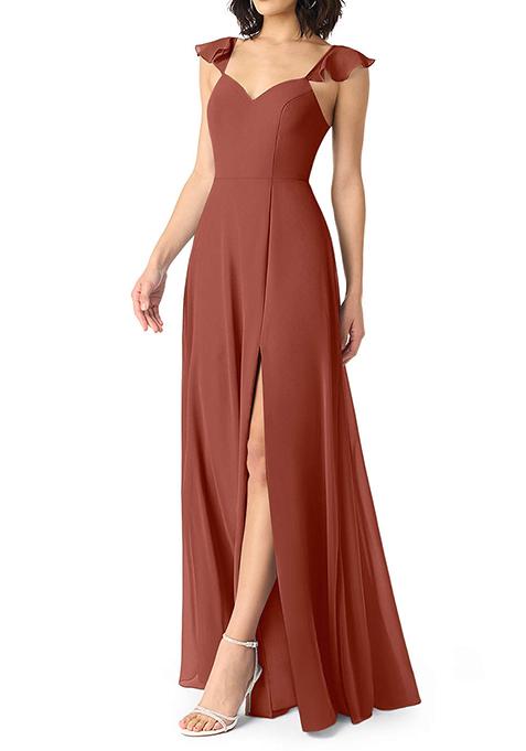 Brown A-Line V-neck Ruched Chiffon Gown