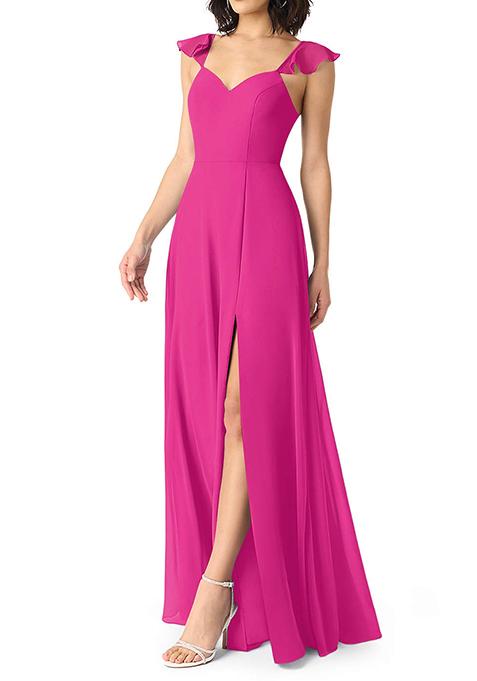 Fuchsia A-Line V-neck Ruched Chiffon Gown