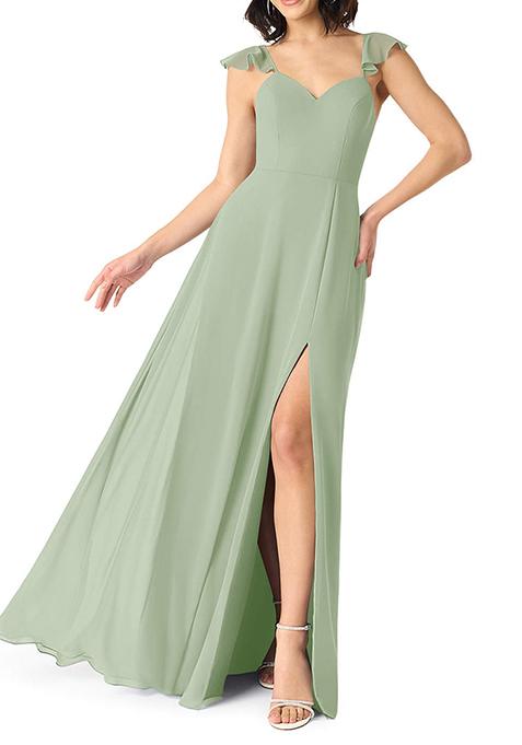 Sage Green A-Line V-neck Ruched Chiffon Gown