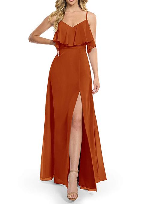 Dark Orange Flowy A-line Chiffon Gown