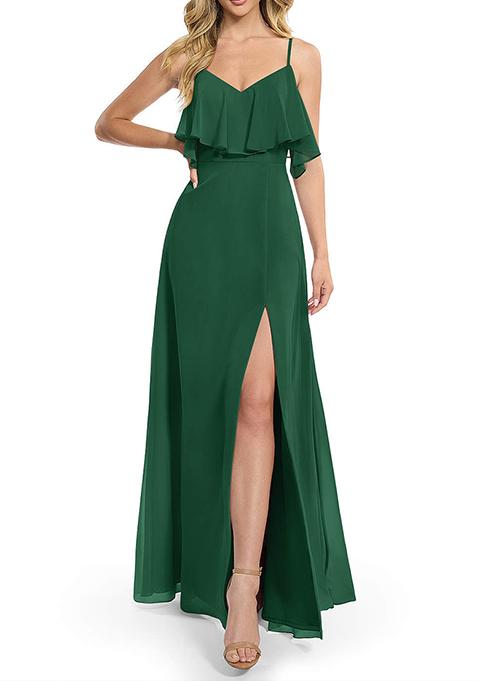 Dark Green Flowy A-line Chiffon Gown