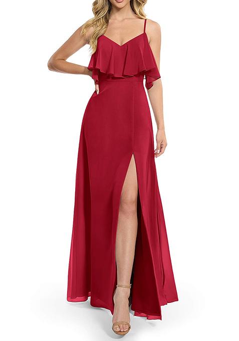 Bright Red Flowy A-line Chiffon Gown