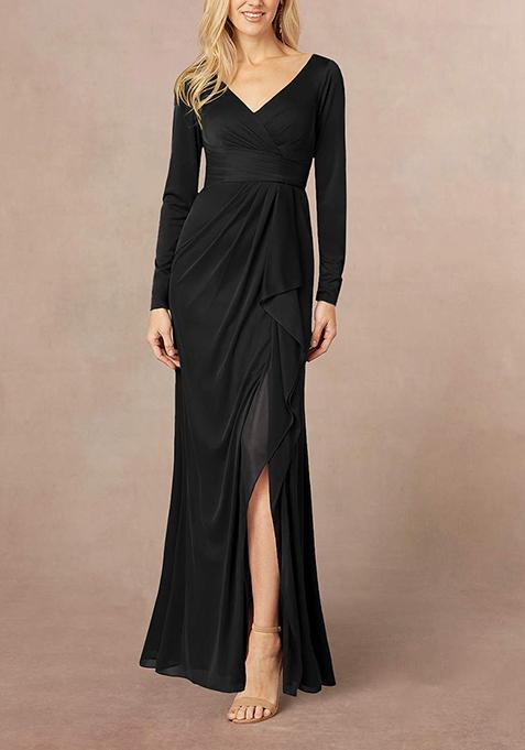 Black Mermaid V-Neck Pleated Georgette Gown