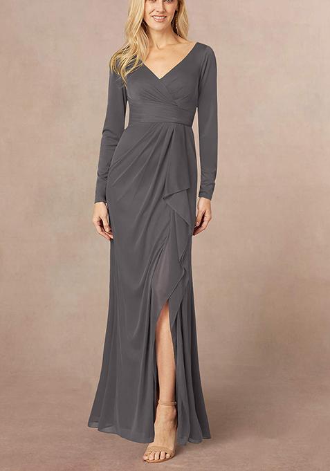 Steel Grey Mermaid V-Neck Pleated Georgette Gown