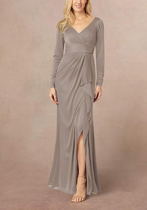 Dark Grey Mermaid V-Neck Pleated Georgette Gown