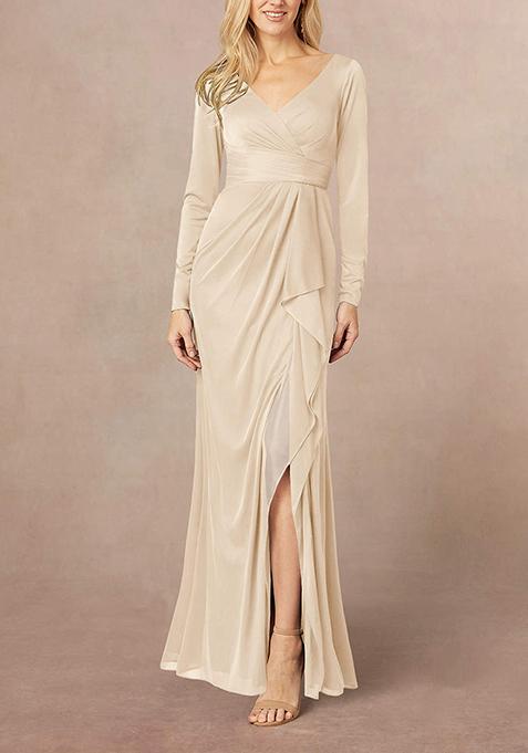 Light Brown Mermaid V-Neck Pleated Georgette Gown