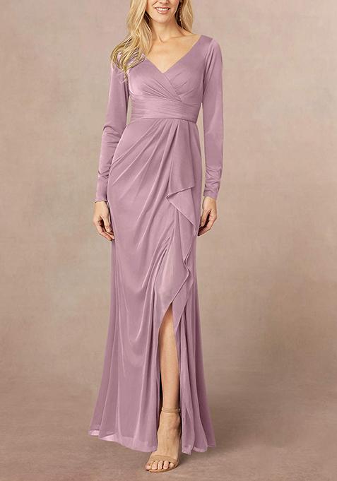 Sandy Pink Mermaid V-Neck Pleated Georgette Gown